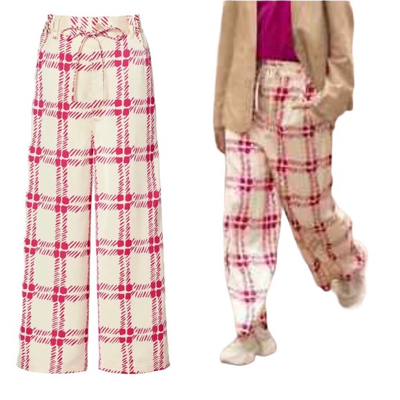Marni Pants - Marni x Uniqlo Beige Plaid Print Drape Relaxed Wide Straight Satin Pants L NWT